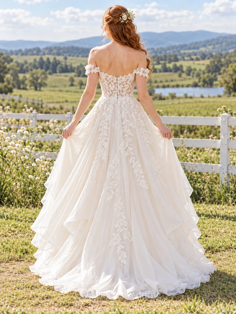 Country High-low Off Shoulder Corset Lace Cascading Bridal Wedding Dress view 2