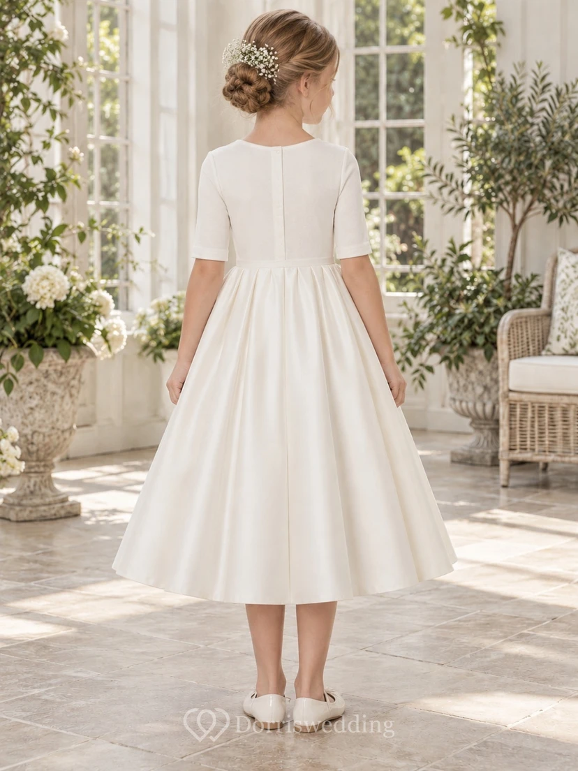 Simple Modest Tea-length Ivory Jewel Cuffed Half-sleeve Gathered Satin-skirt Zipper-back Flower Girl Dress view 2