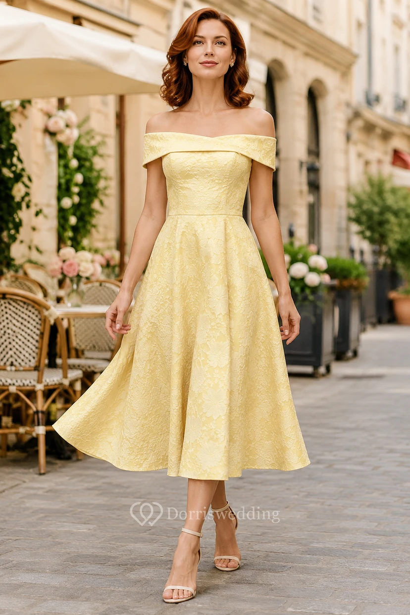Vestido de corte A largo midi con hombros descubiertos color narciso