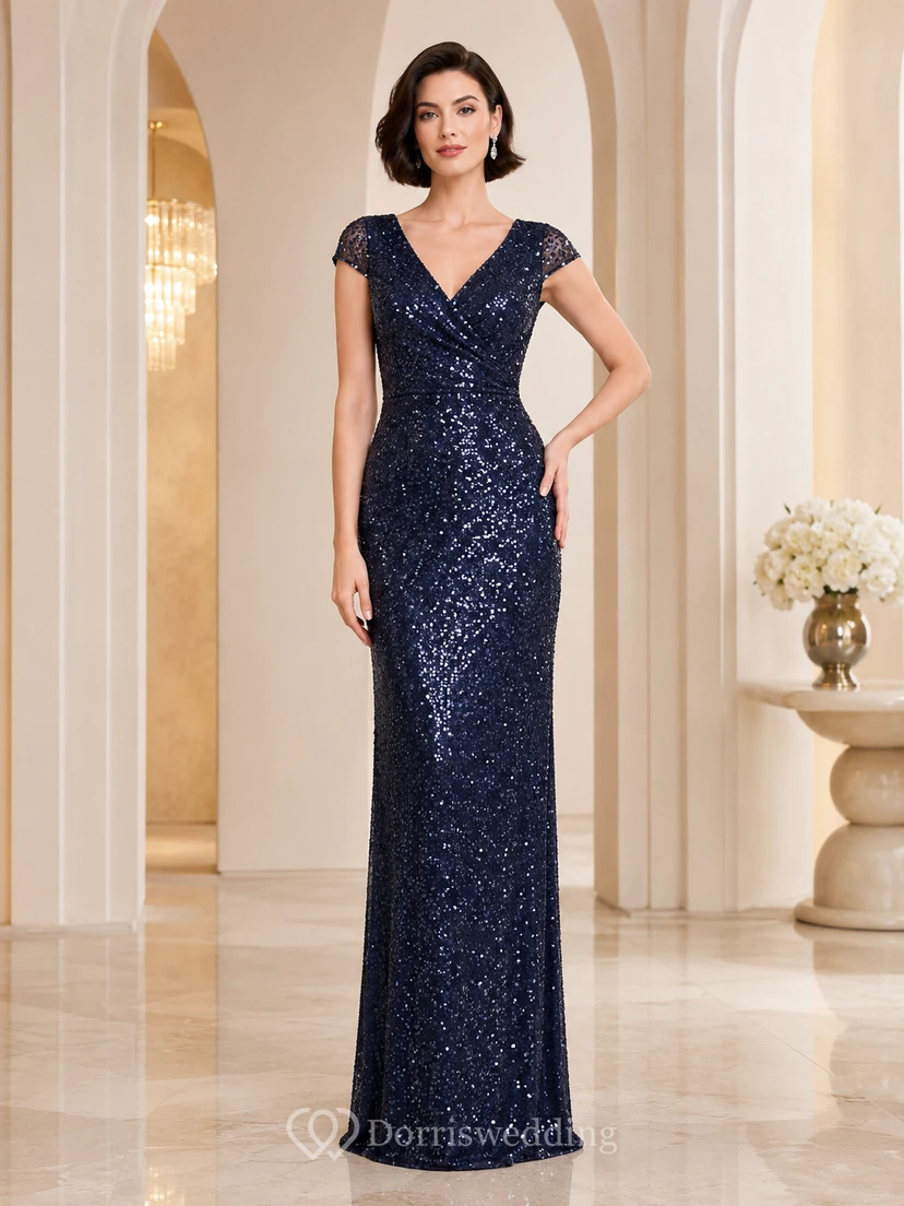 Dunkelblaues Pailletten-Abendkleid mit kurzen Ärmeln