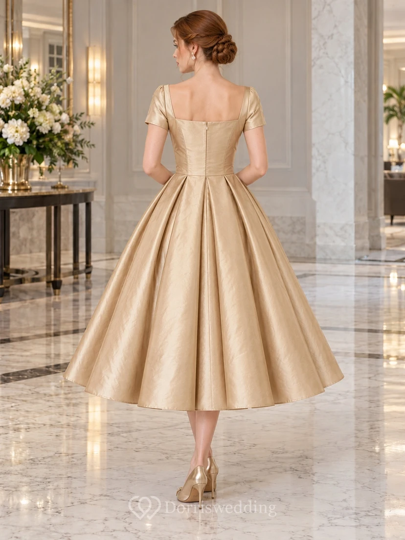 Robe vintage mi-longue en satin doré à manches courtes et col carré, col rond et évasée view 2