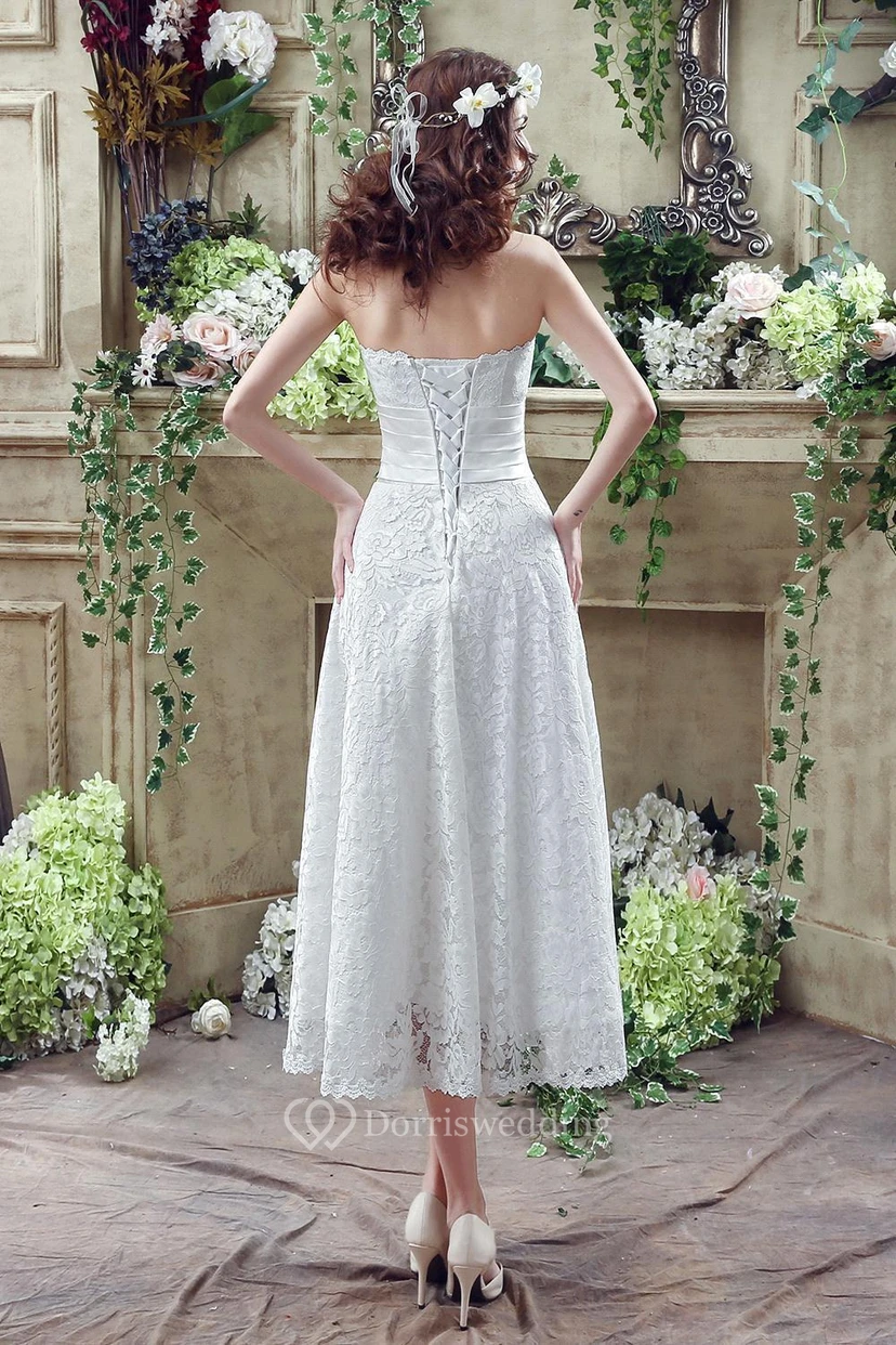 Delicate Lace Flower Strapless Tea Length Wedding Dress A-line Sleeveless Lace-up view 4