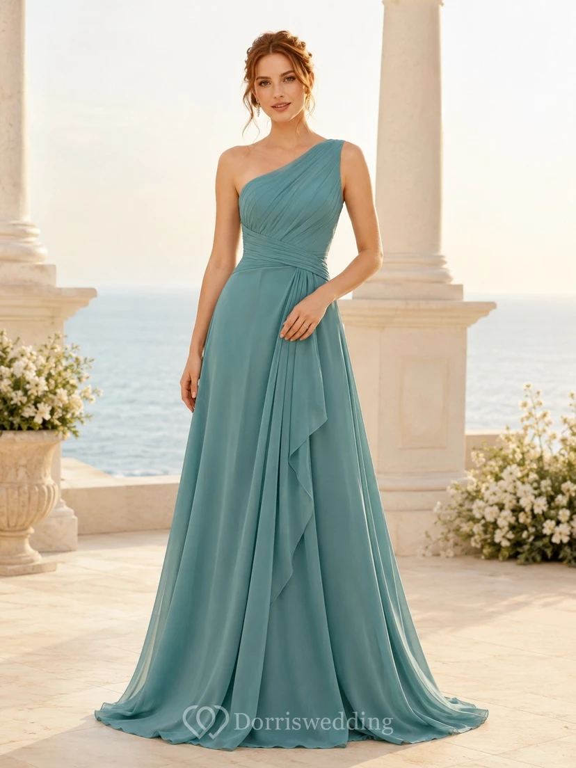 Modernes, bodenlanges Brautkleid aus türkisfarbenem Chiffon mit One-Shoulder-Ausschnitt und Drapierung