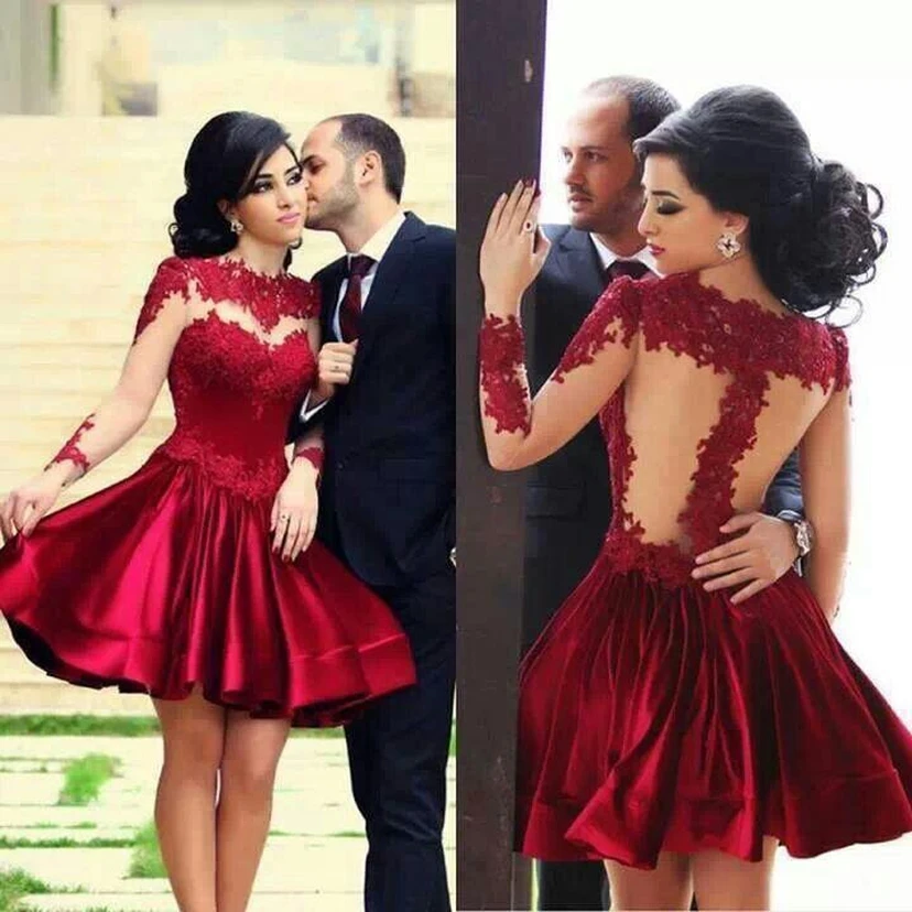 Nuevos vestidos de fiesta de satén y encaje hasta la rodilla con mangas largas y cuello alto transparentes. view 4