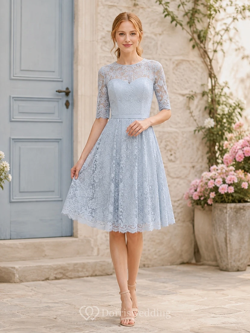 Sky Blue Lace Three Quarter Sleeve Pleated Tea-Length A-Line Dress