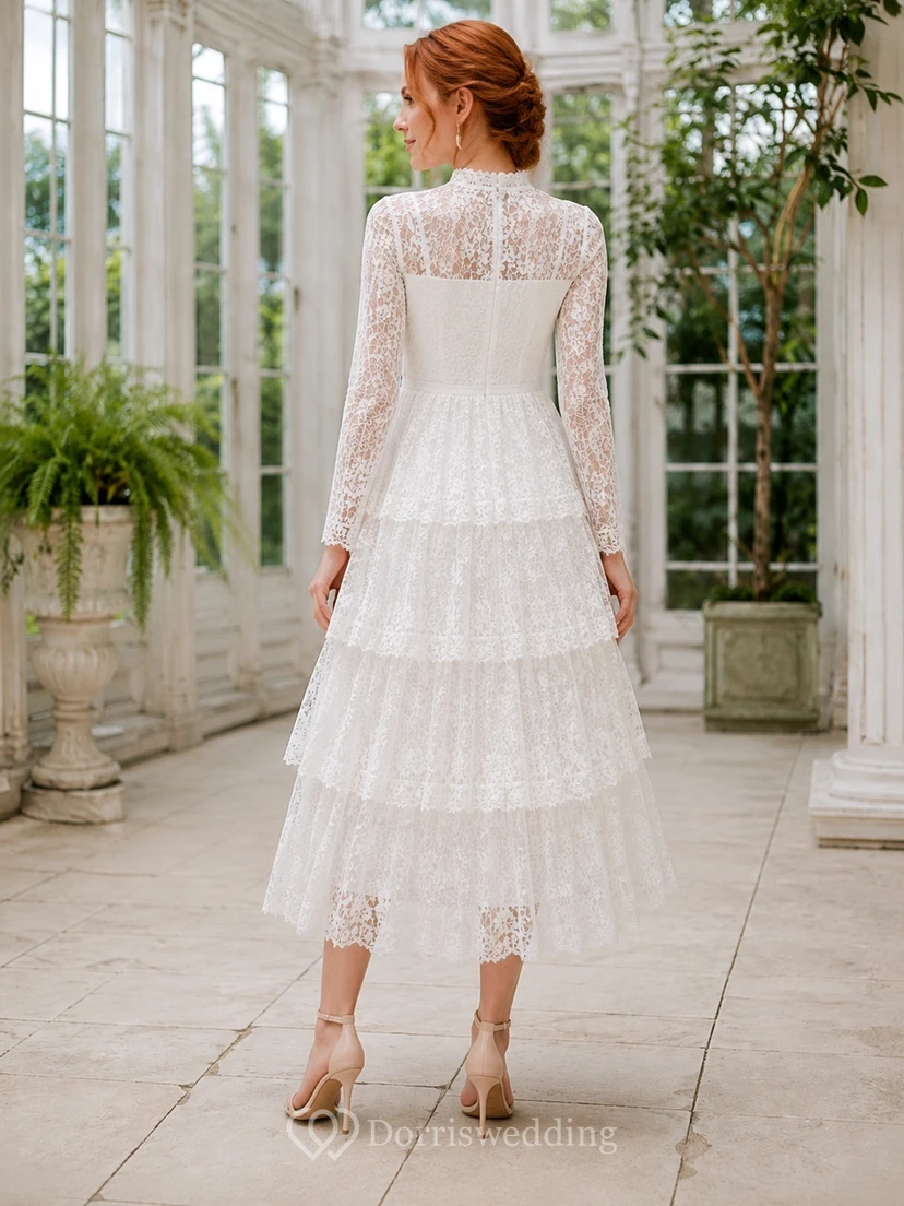 Hochgeschlossenes, langärmeliges Chiffon-Brautkleid mit Stufenspitze, hohem Kragen und A-Linien-Schnitt in Teelänge view 2