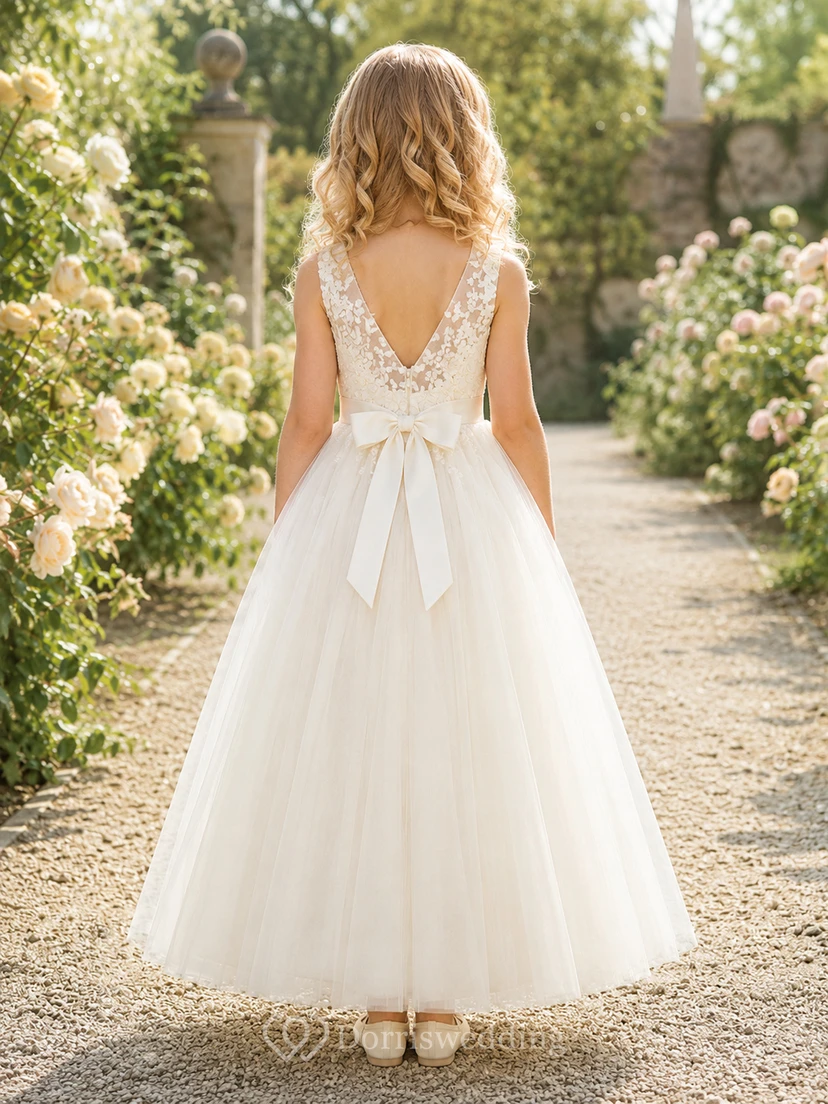 Blumenmädchenkleid aus elfenbeinfarbenem Spitzentüll, A-Linie, Rundhalsausschnitt, Teelänge, Schleife am Rücken view 2