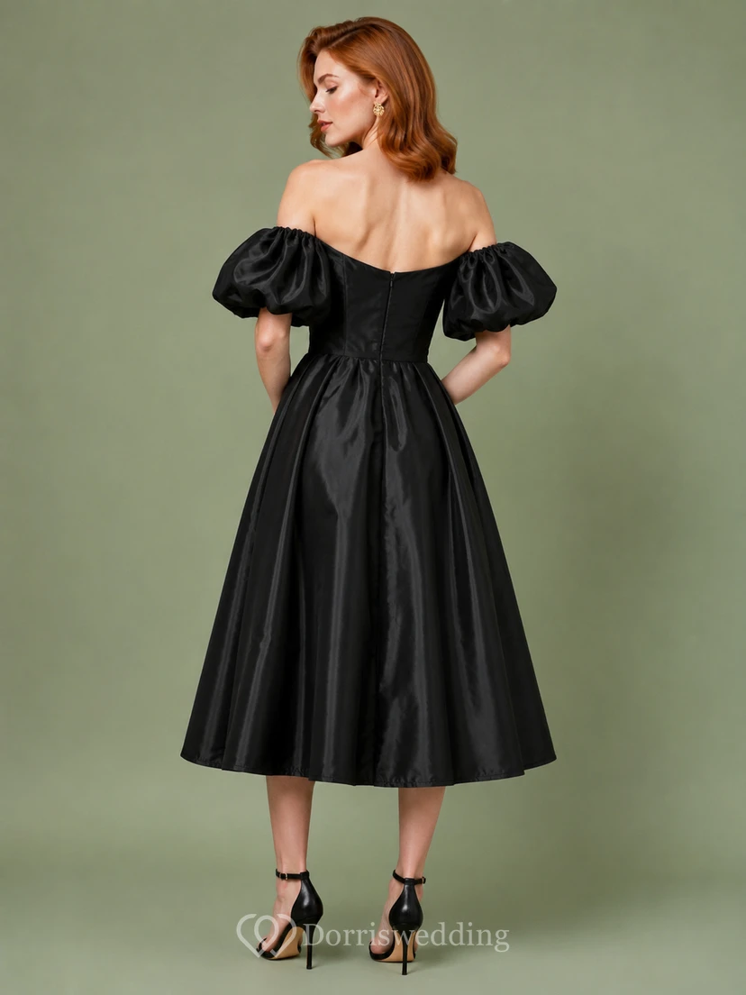 robe de cocktail trapèze en taffetas noir à épaules dénudées et manches bouffantes view 2