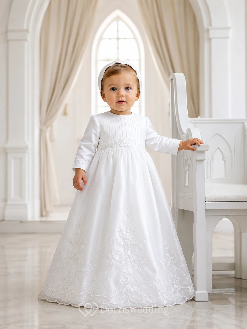Long Sleeve Baby Christening A-Line Satin Lace Floor-Length Gown