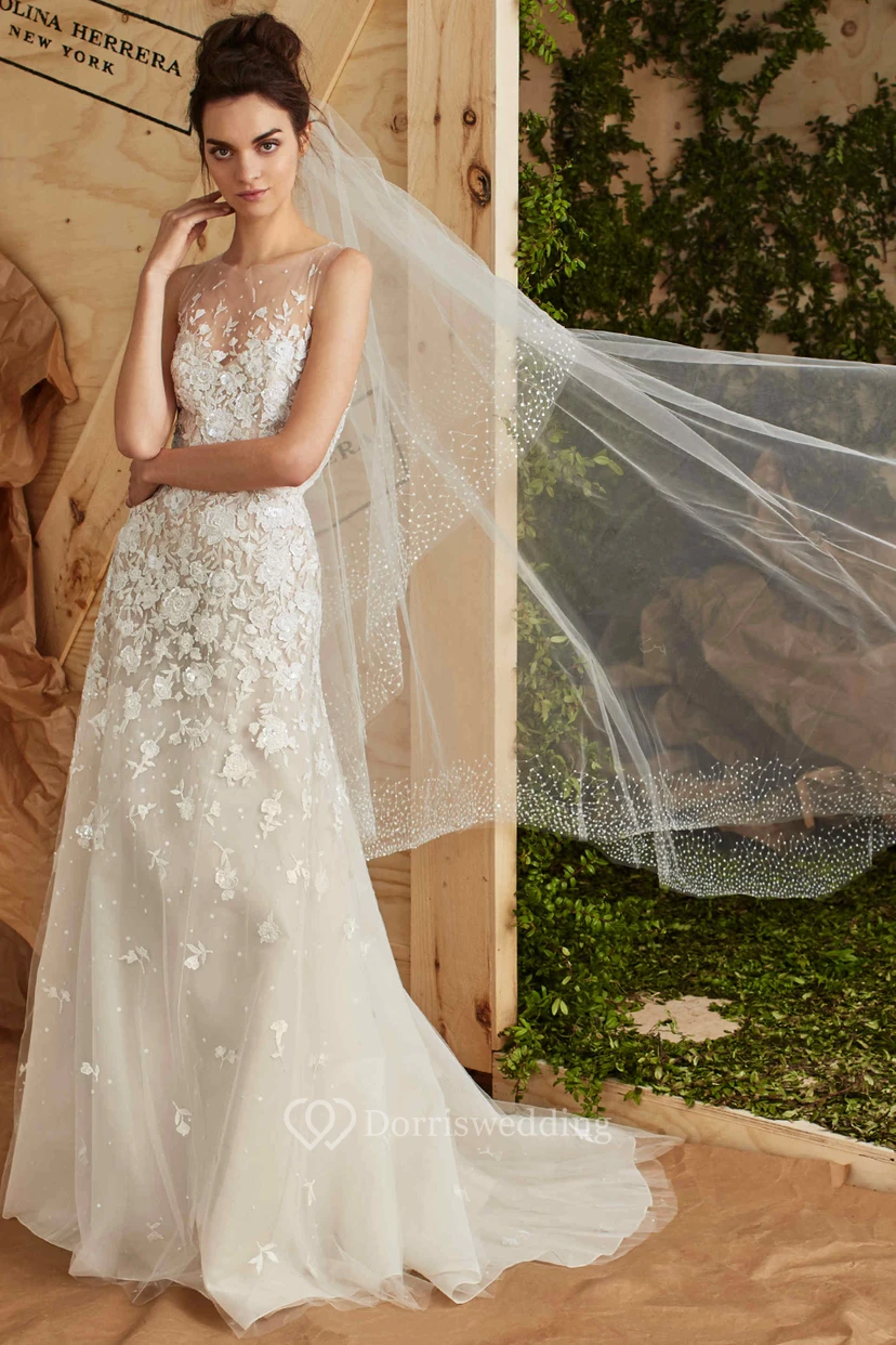 Sheath Sleeveless Long High Neck Tulle Wedding Dress With Appliques And Illusion