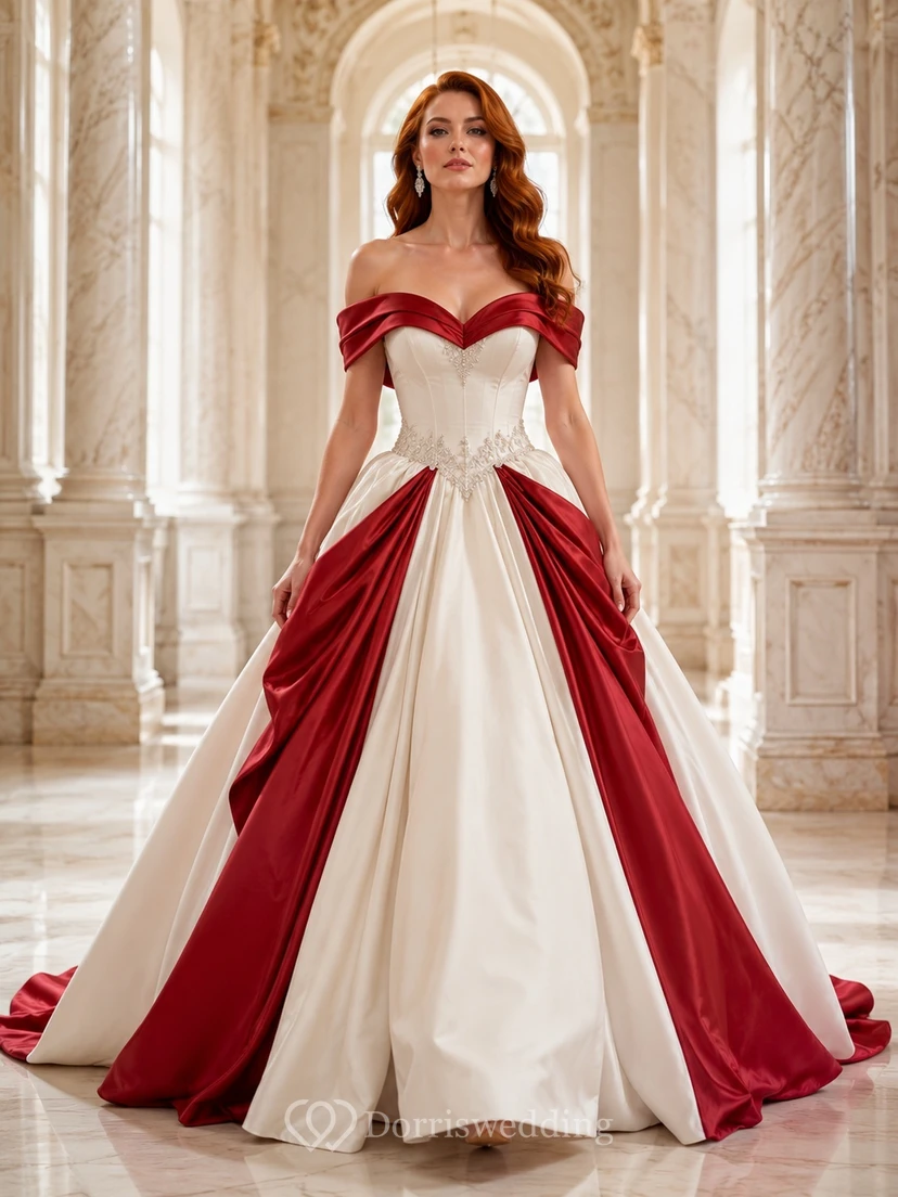 Rotes Satin-Brautkleid im Prinzessinnen-Ballkleid-Stil mit schulterfreiem Herzausschnitt, Farbblock-Design und Hofschleppe