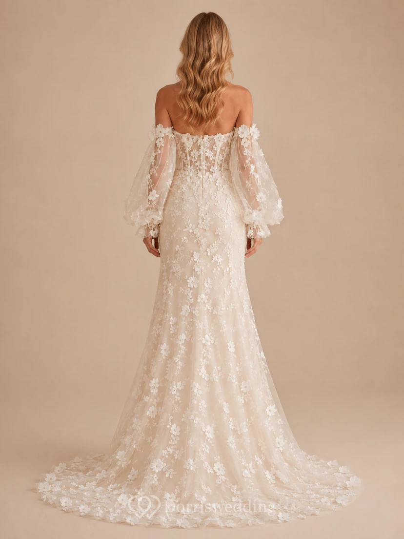 Detachable Floral Sleeve Lace Mermaid Studio Bridal Gown view 2