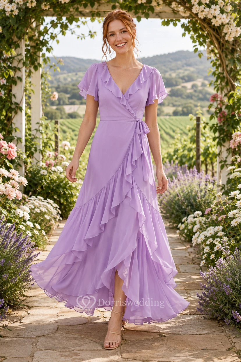Lavender Ruffle Chiffon High-Low A-Line Formal Dress