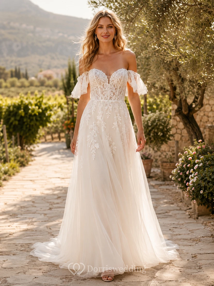 Summer Off Shoulder Flutter Sleeve Floral Lace Tulle A-Line Sweep Wedding Gown