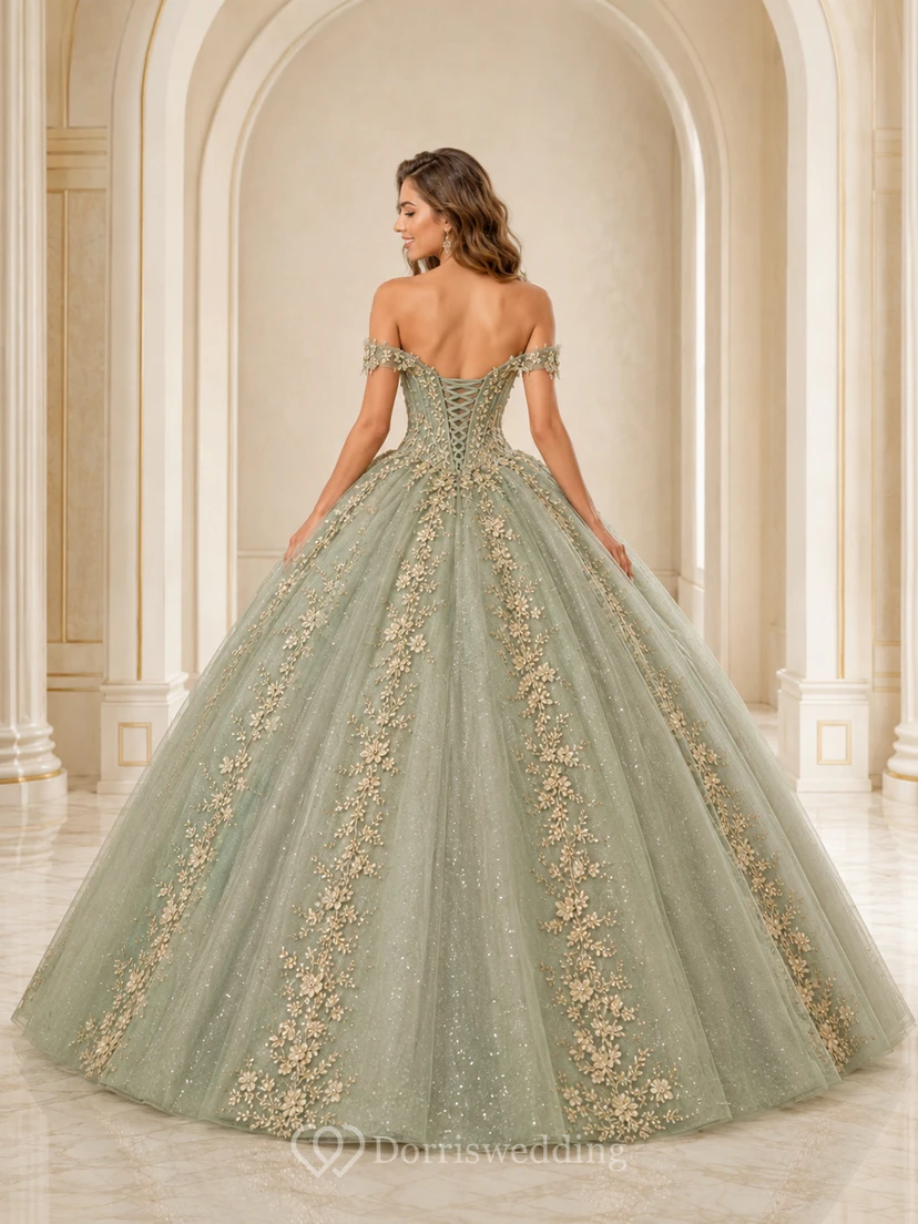 celadon Champagne Luxury Off Shoulder Sweetheart Embroidered Tulle Quinceanera Princess Ball Gown view 2