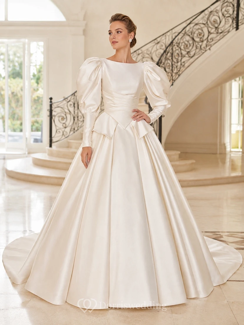 Vestido de novia vintage elegante y modesto de manga larga con cuello alto y corte en A, de satén blanco.