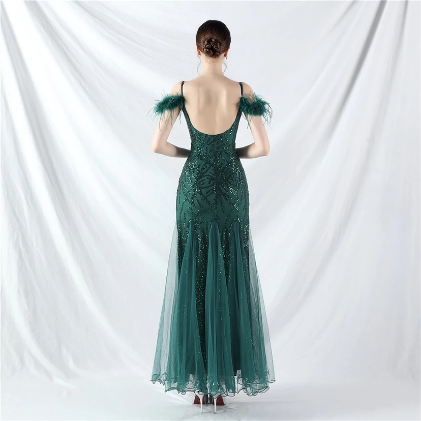 9-farbiges, handgefertigtes Abendkleid aus Kamelfedern, Netzstoff und Pailletten, sexy Trägern view 16
