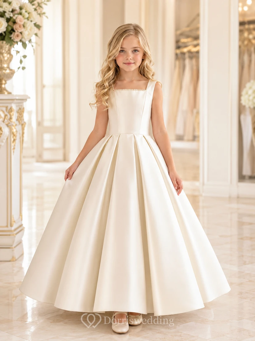 Blumenmädchenkleid aus elfenbeinfarbenem Satin, A-Linie, mit Rundhalsausschnitt, bodenlang, Schleifendetail