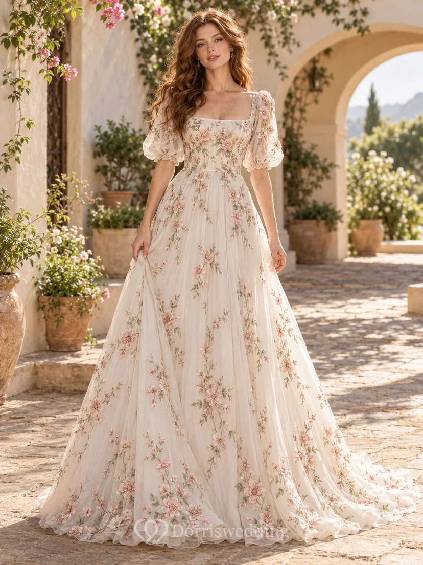 Boho Floral Square Neck Puff Sleeve A-Line Wedding Dress