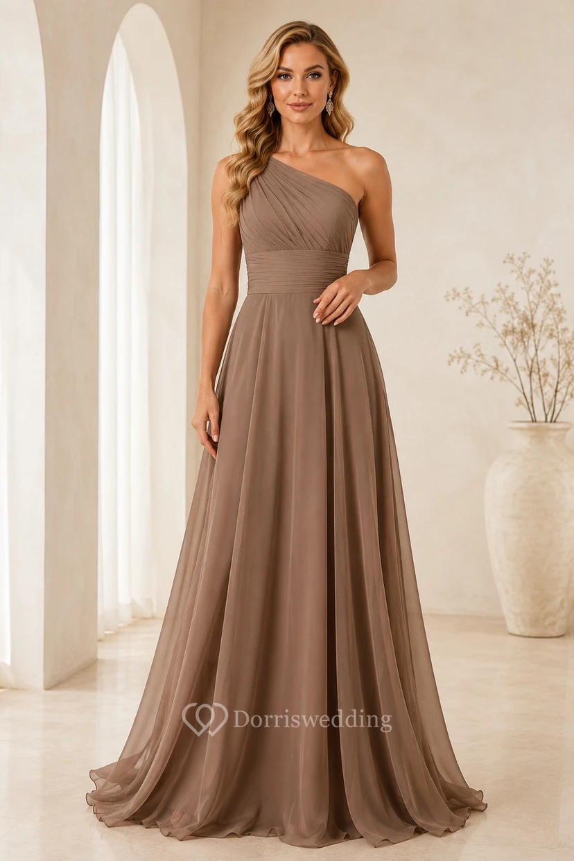 Vestido formal de gasa color topo de un solo hombro y corte en A