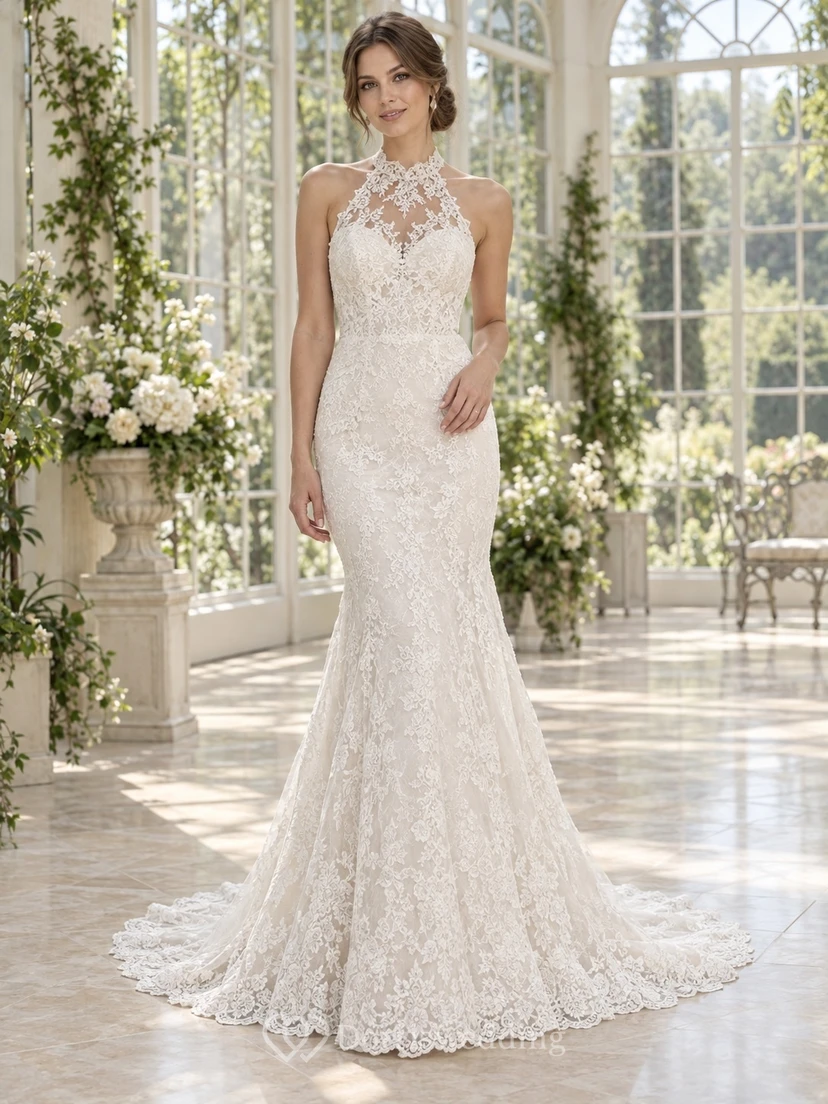 Robe de mariée sirène dos nu à col montant en dentelle florale fine avec traîne