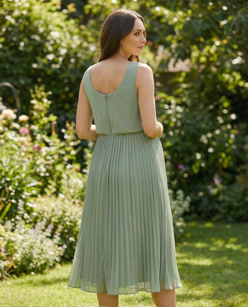 Sage Green Maternity Bridesmaid Dress with Sleeveless Bodice & Pleated Chiffon Skirt view 2