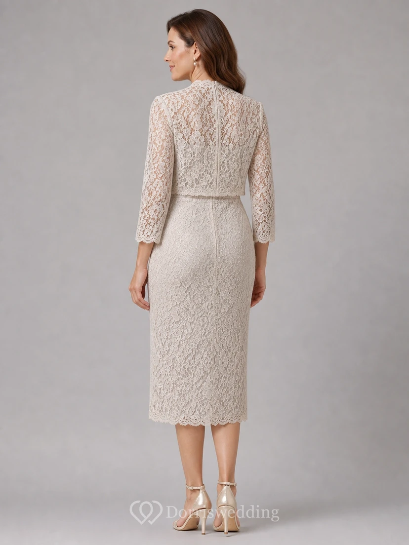 Classic Modest Older Brides Lace Sheath Knee-length Scoop Three-Quarter Sleeve Mother Dress view 2