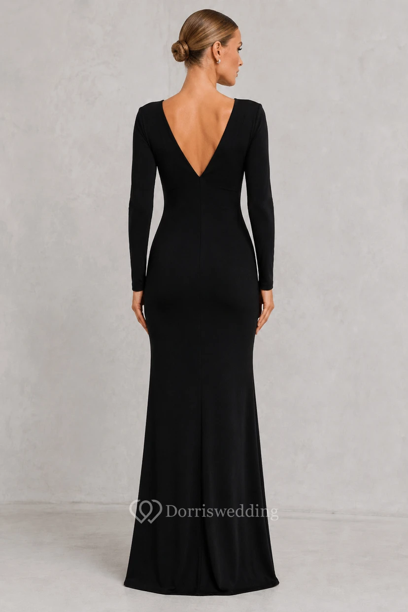 Black Long Sleeve Deep V-Neck Sheath Formal Dress with Ring Waist Detail view 2