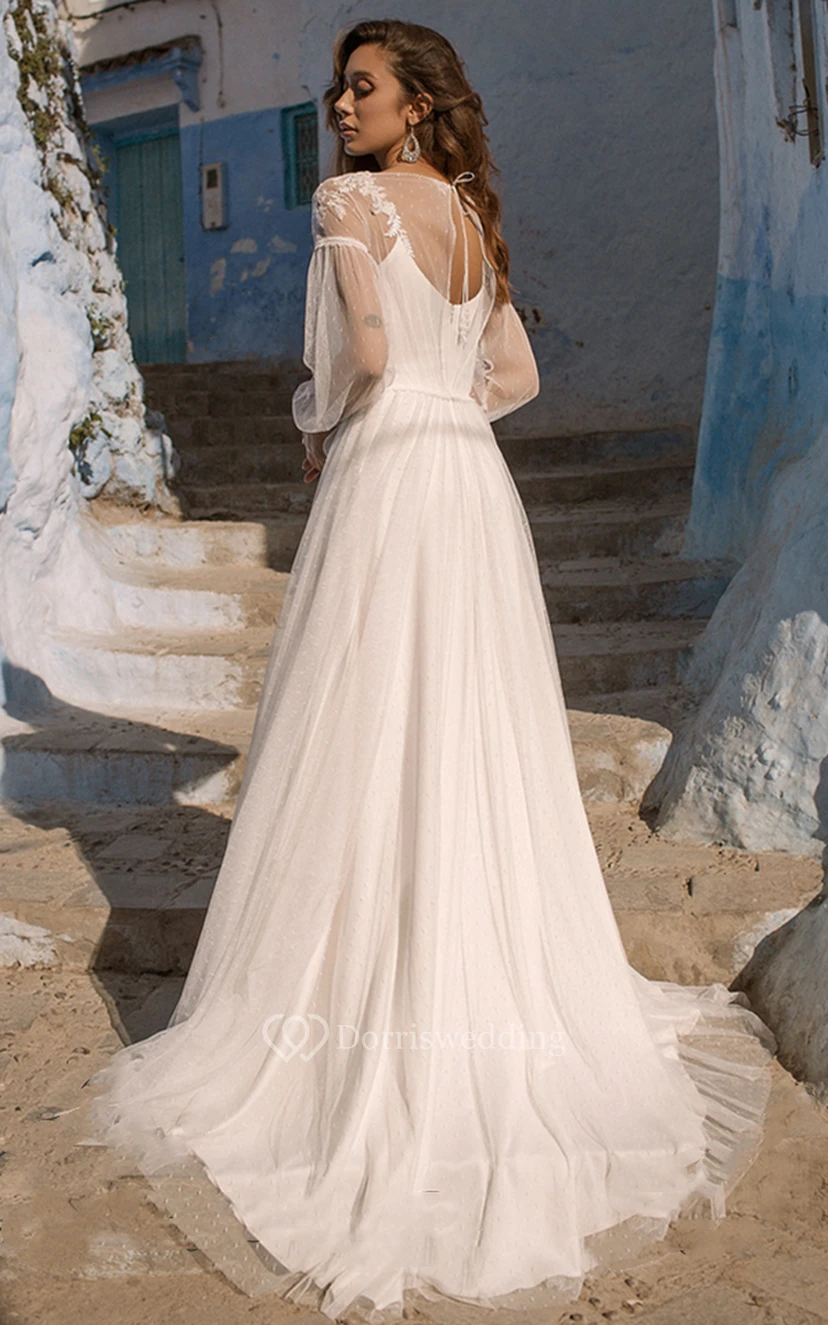 Elegantes A-Linien-Brautkleid aus Spitze mit U-Boot-Schleppe und Raffungen view 2