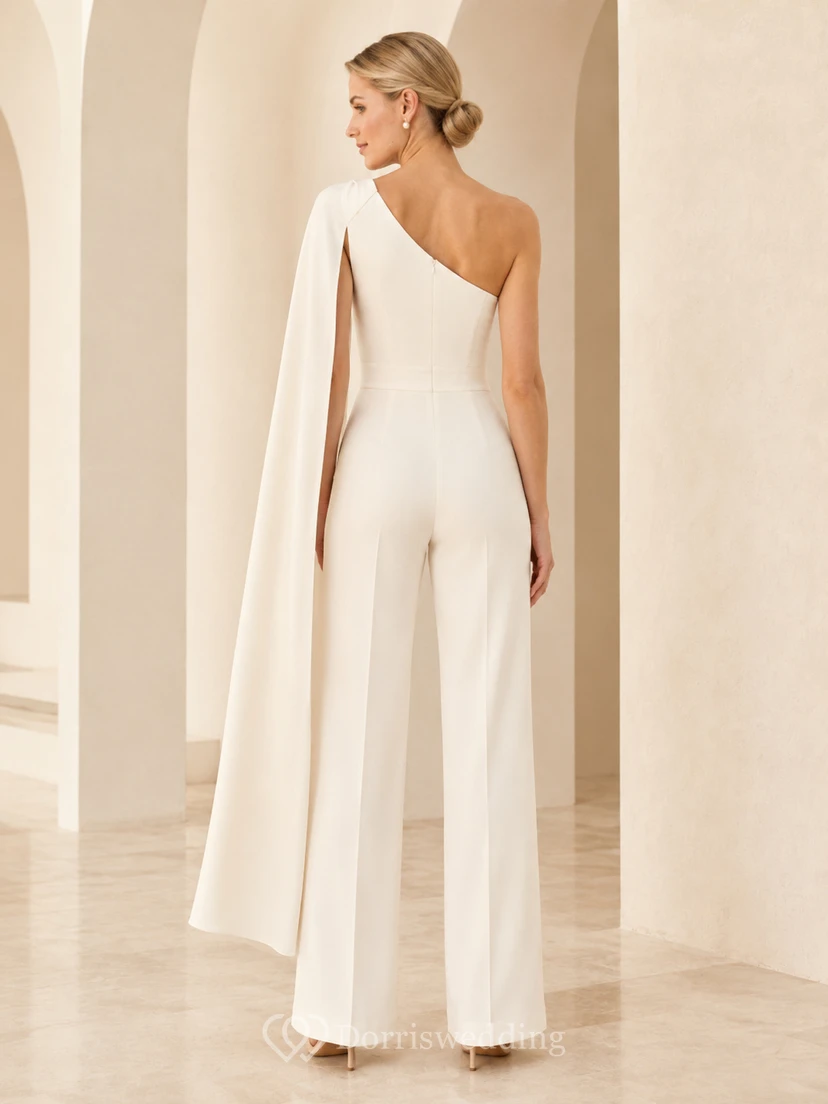 Mono formal moderno blanco de un solo hombro con capa, pierna ancha y elegante. view 2