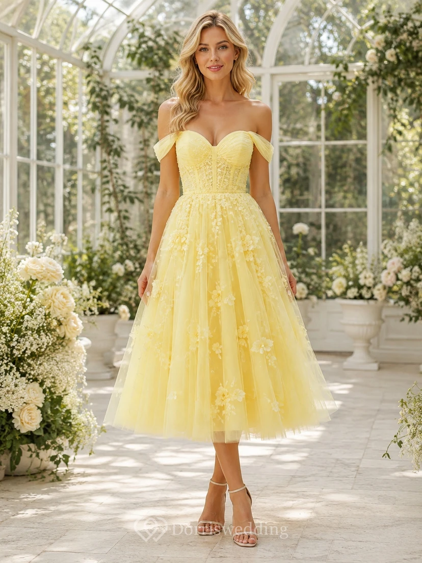 Daffodil Tulle Off-the-shoulder Short Sleeve A-Line Tea-length Floral Formal Dress