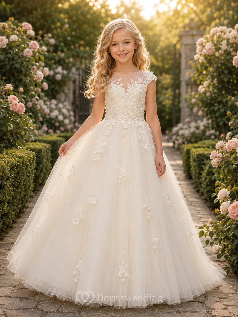 Blumenmädchenkleid, elfenbeinfarbenes Ballkleid aus Spitze und Tüll, Rundhalsausschnitt, bodenlang