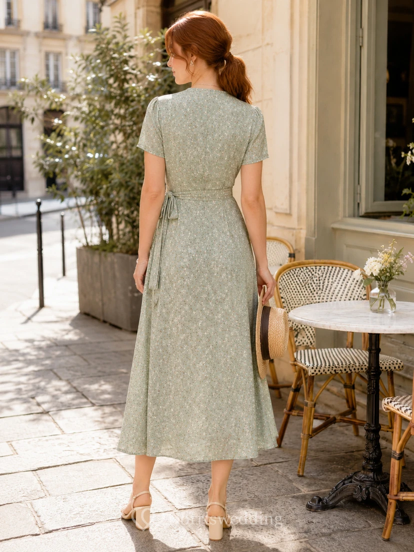 Vestido midi cruzado de manga corta con escote en V y estampado floral en color verde salvia view 2