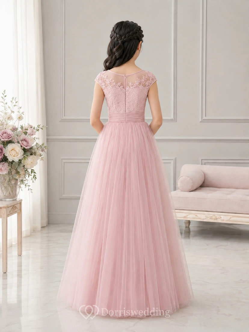 Bezauberndes, zartrosa Kleid für junge Brautjungfern mit kurzen Ärmeln aus Chiffon und Strasssteinen in A-Linie, bodenlang view 2