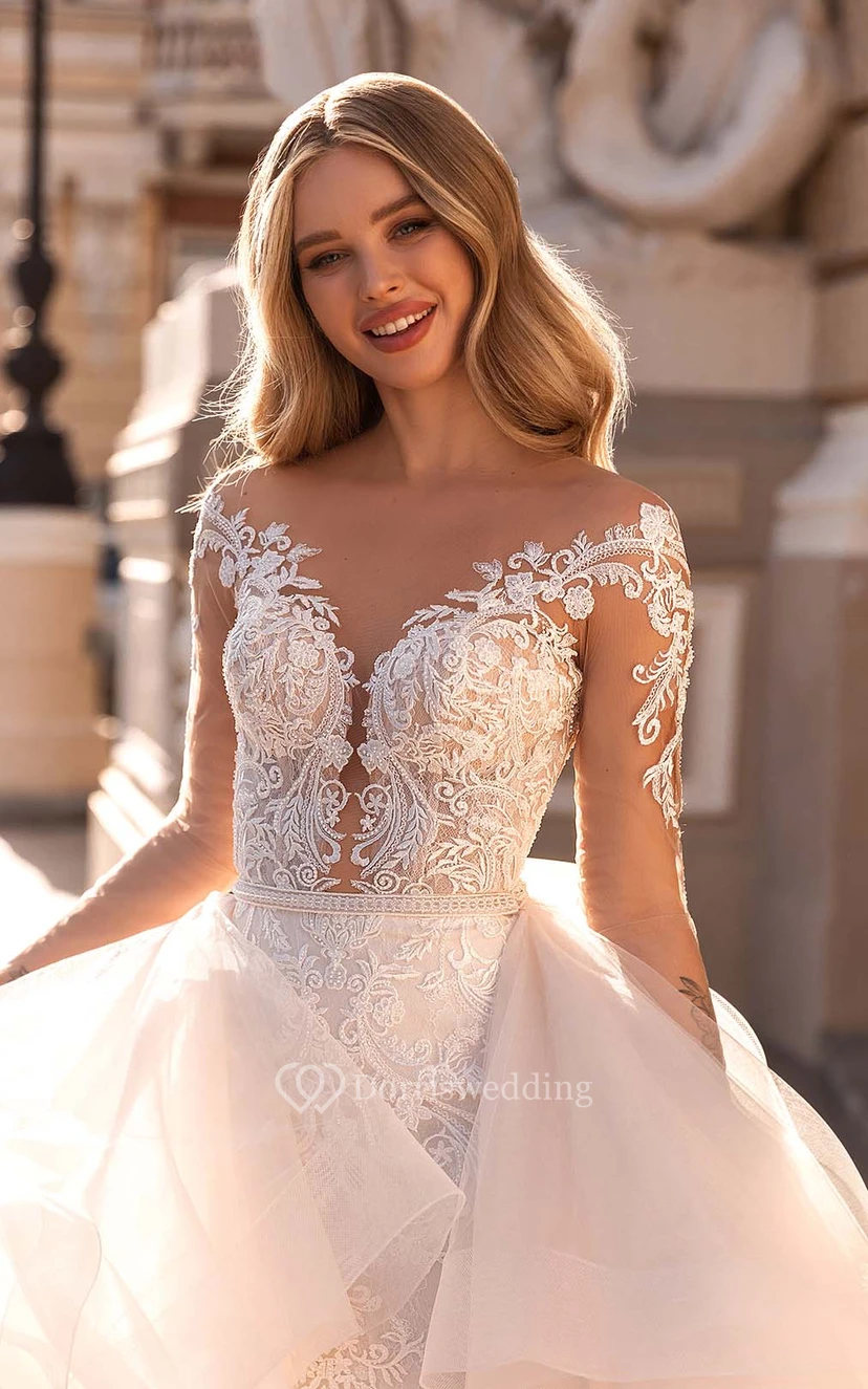Sophisticated Mermaid Illusion Lace Applique Sheath Wedding Dress Styles with Detachable Skirt view 3