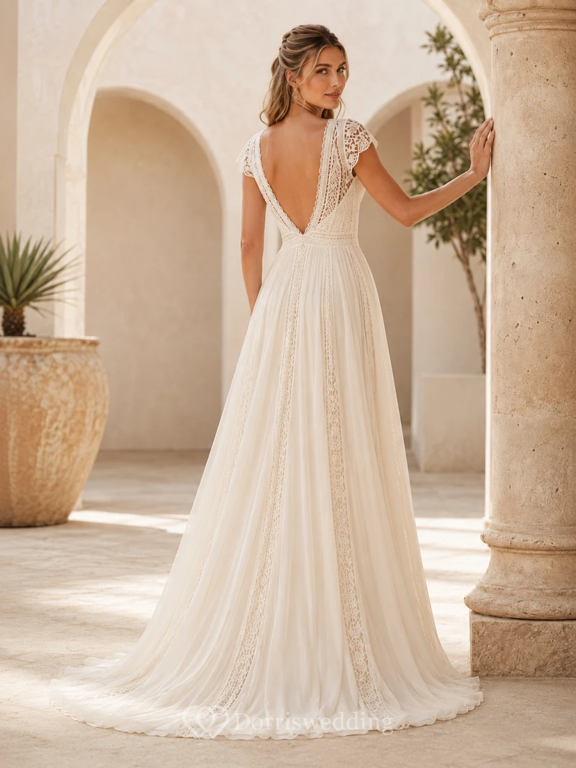 Boho Deep V-Neck Lace Cap Sleeve Chiffon A-Line Wedding Dress view 2