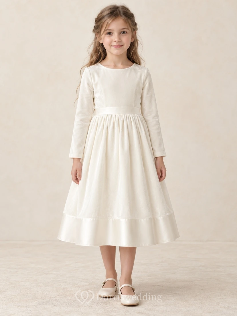 Modest Long Sleeve Ivory Tea-length Broad Waist Satin Hem Velvet Flower Girl Dress view 2