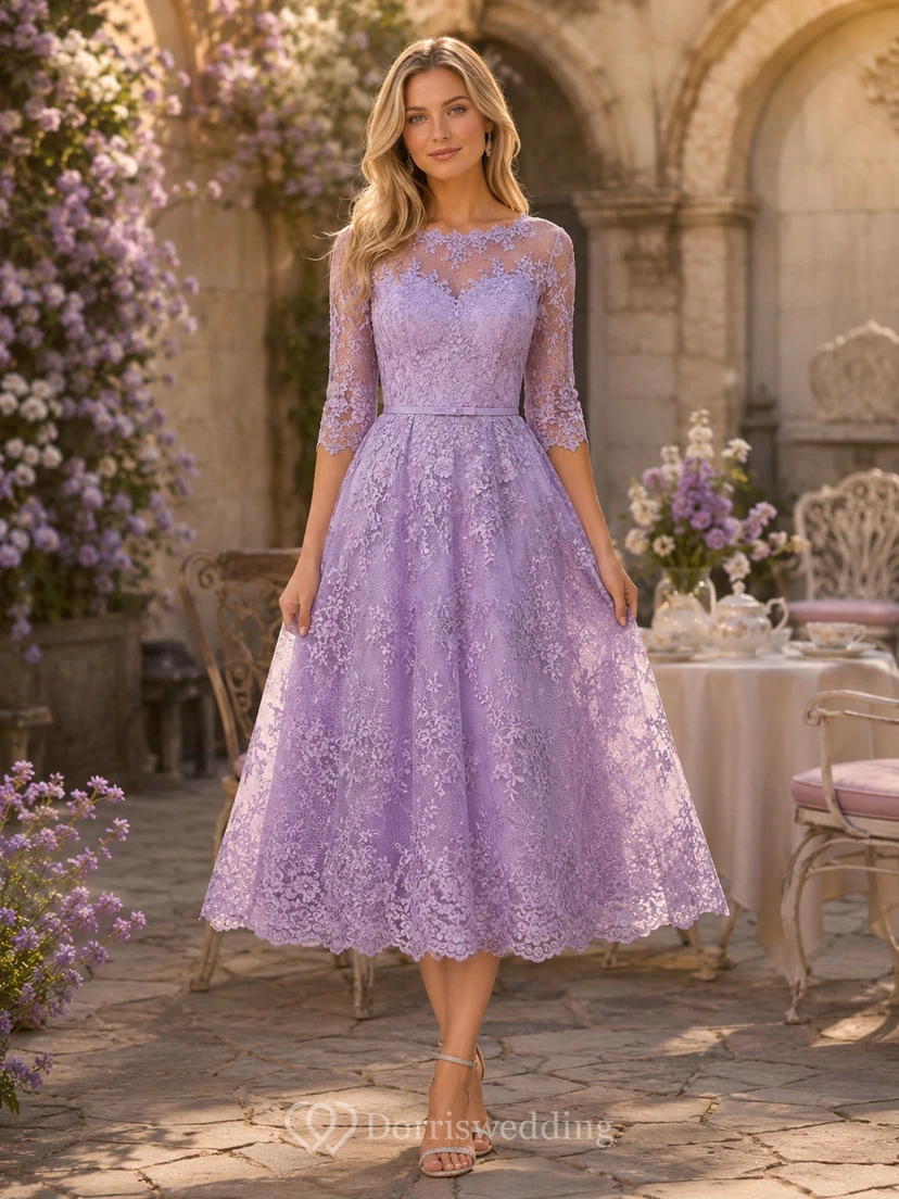 Vestido de fiesta romántico de encaje, largo hasta la rodilla, cuello alto y manga larga, color lavanda.