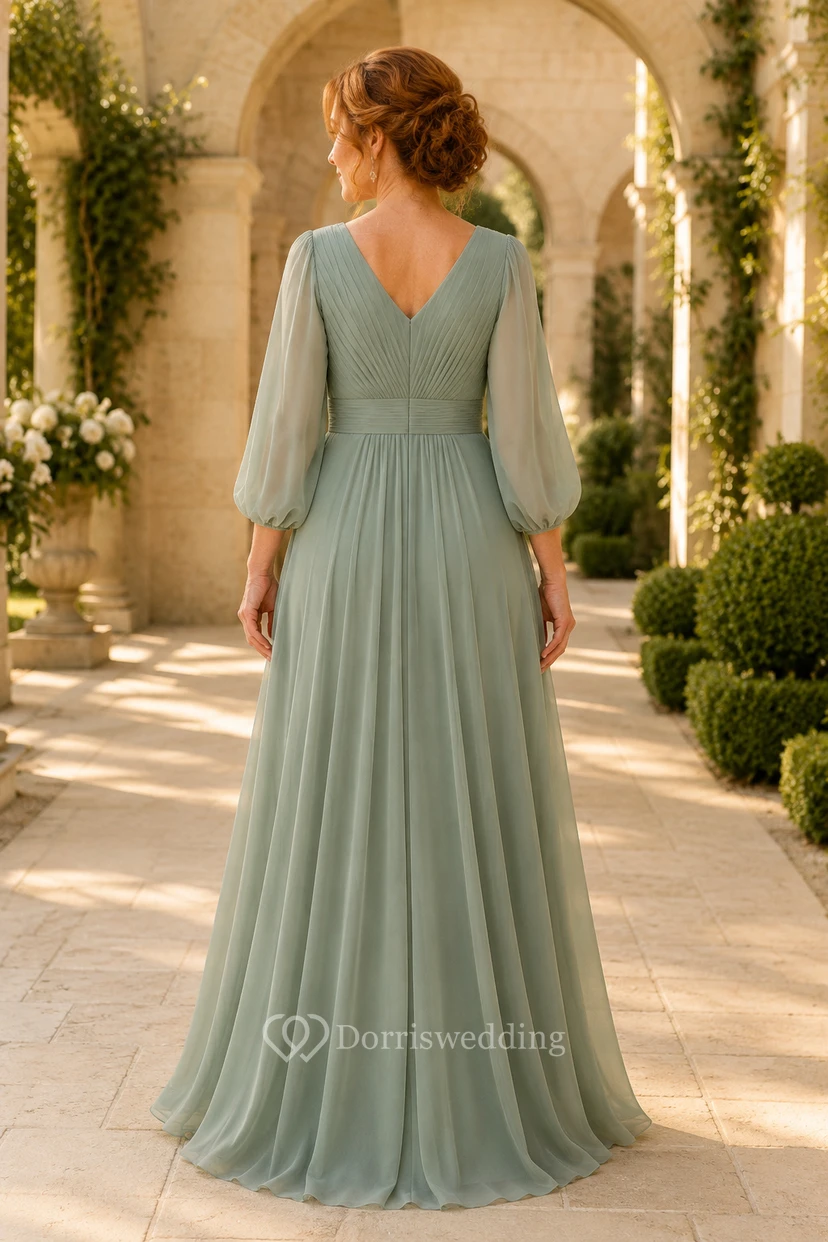 MOB-Kleid aus salbeigrünem Chiffon, A-Linie, lange Ärmel, V-Ausschnitt, bodenlang, plissiert view 2
