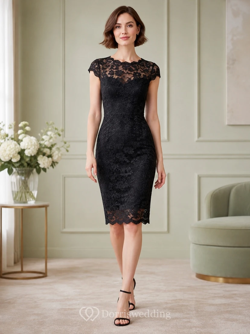 Robe fourreau en dentelle noire à col rond et manches courtes, longueur genou
