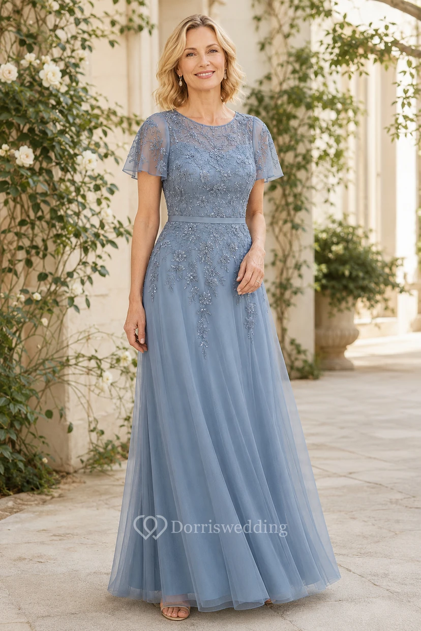 Steel Blue Lace Bodice Tulle A-Line Mother Dress With Flutter Sleeves