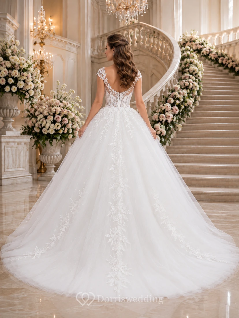 Brautkleid mit kurzen Ärmeln, floralen Applikationen und Tüll-Ballkleid view 2