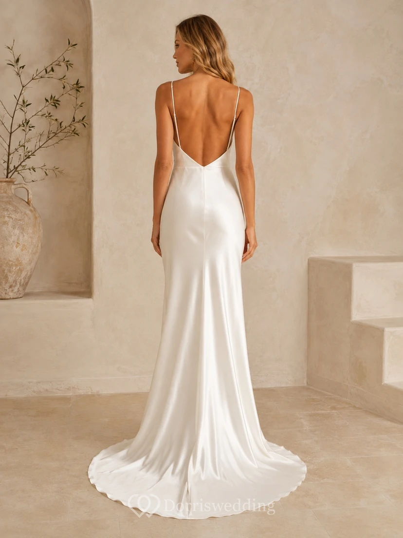 Minimal Satin Cowl Spaghetti Strap Floor-length Sweep Train Sheath Bridal Gown view 2