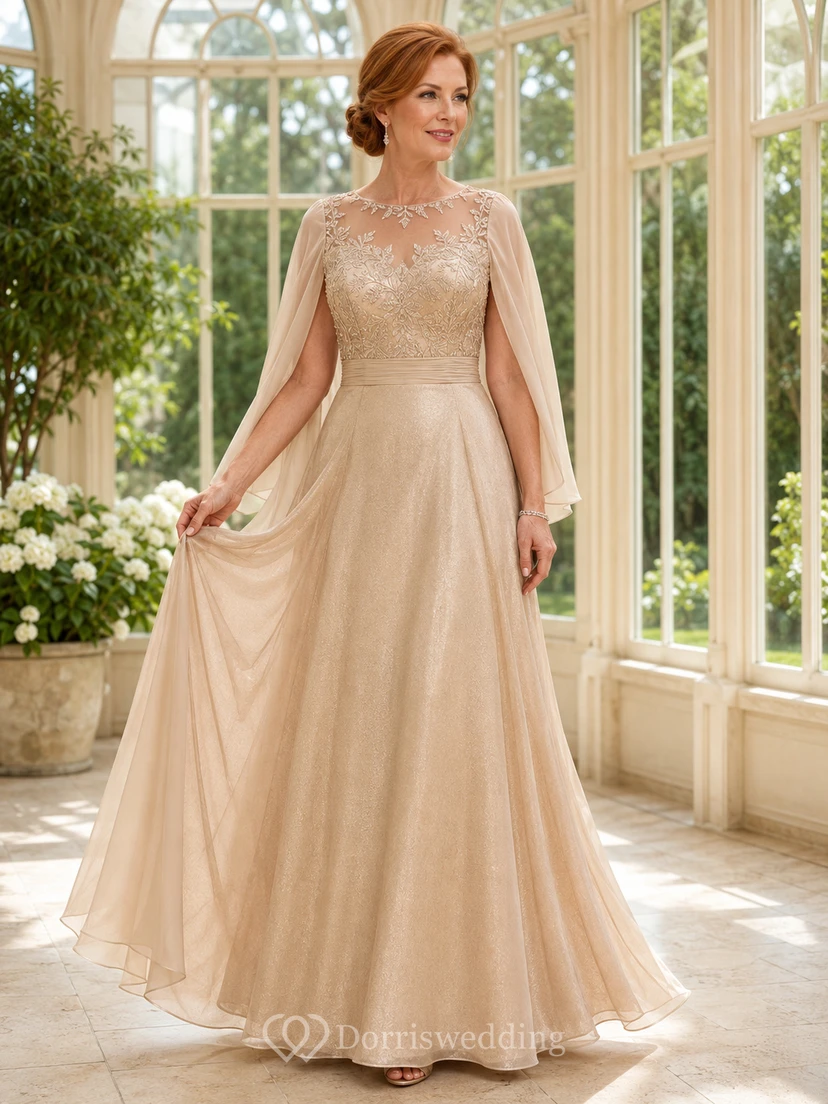 Champagne Luxury High-Neck Tulle A-Line Floor-Length Mother of the Bride Gown with Long Cape Sleeves and Beaded Bodice
