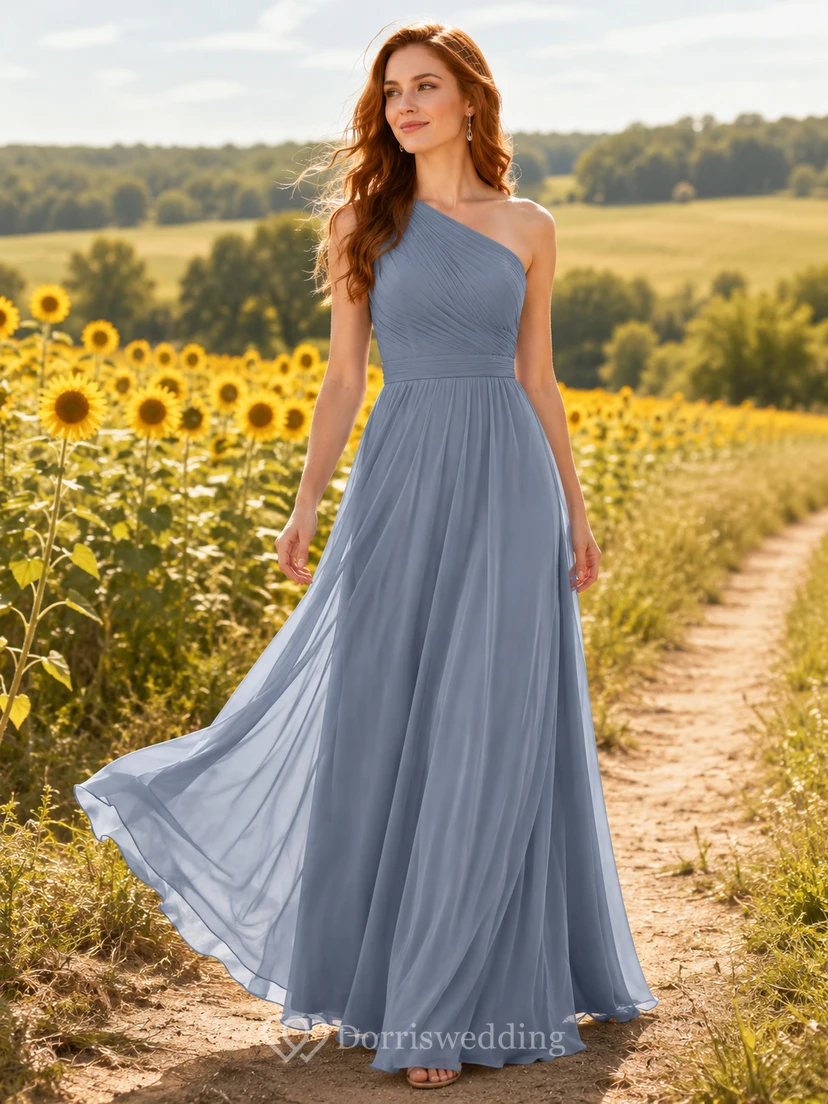 Steel Blue Chiffon A-Line One-Shoulder Sleeveless Pleated Open Back Floor-Length Bridesmaid Dress