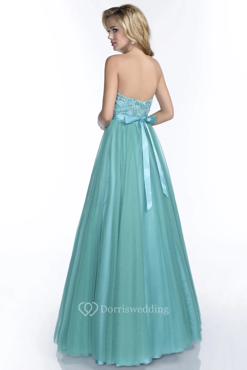 A-Line Tulle Long Prom Dress With Lace Bodice And Beaded Waist view 2