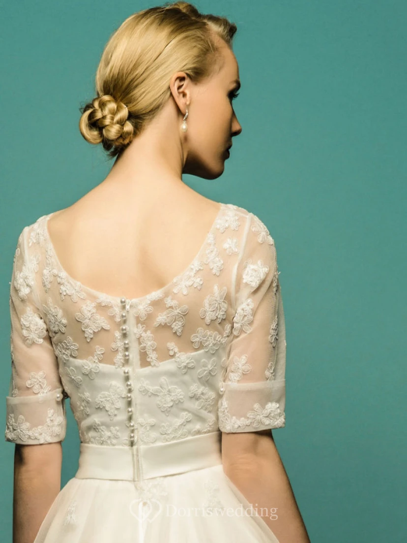 A-Line Tea-Length Scoop Neck Half Sleeve Appliqued Tulle Wedding Dress view 2