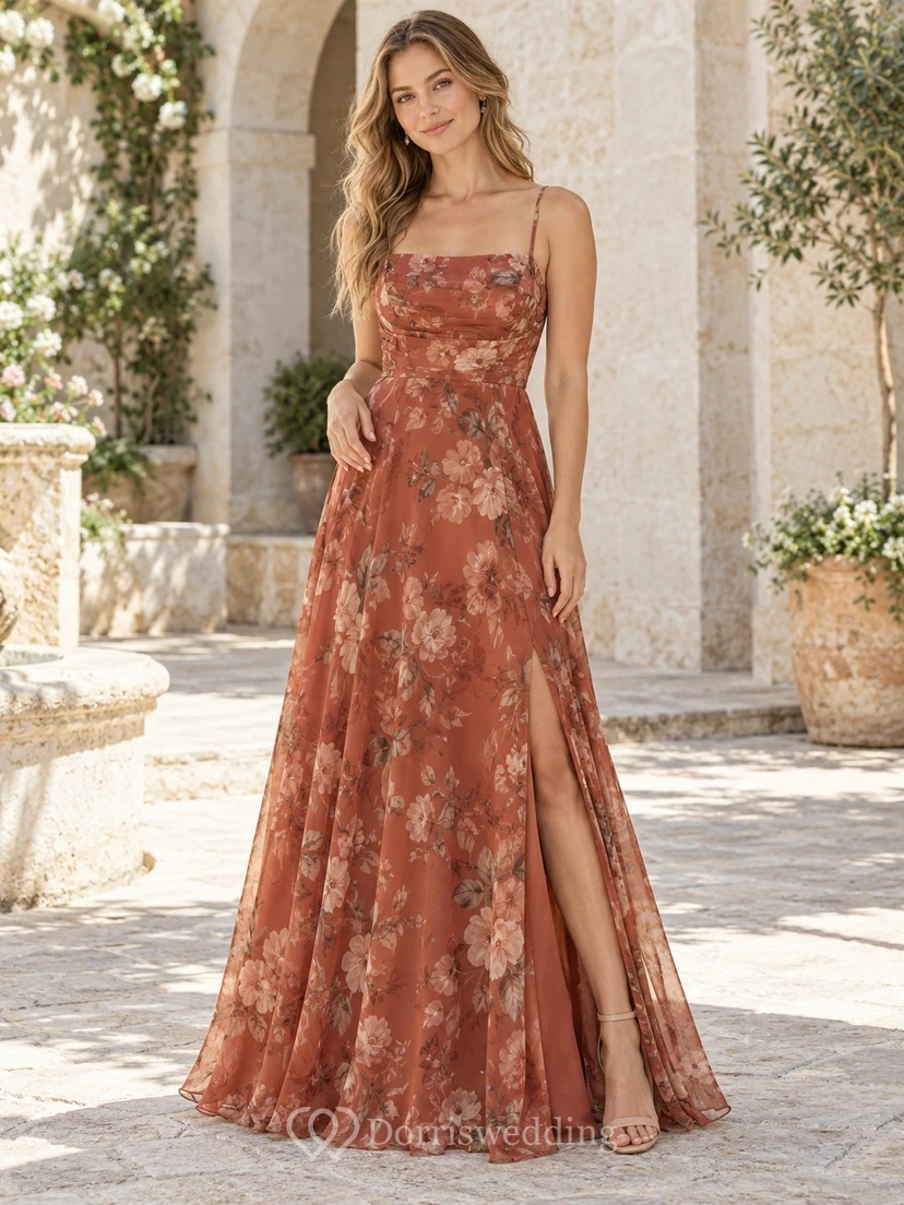 Papaya Terracotta Floral Print Square-Neck Sleeveless Side-Slit Floor-Length Chiffon Bridesmaid Dress