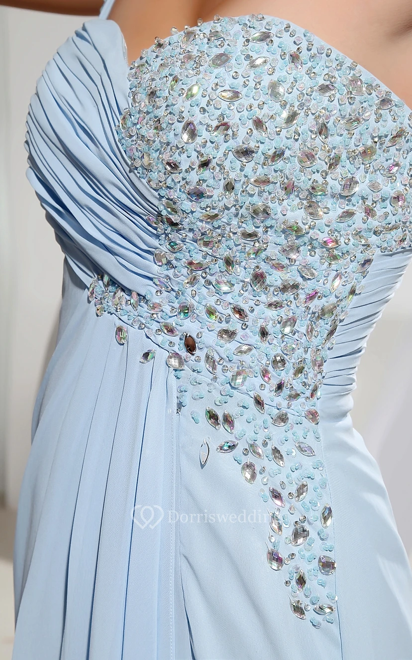 Sleeveless Chiffon Long Dress With Single Strap and Beading view 3