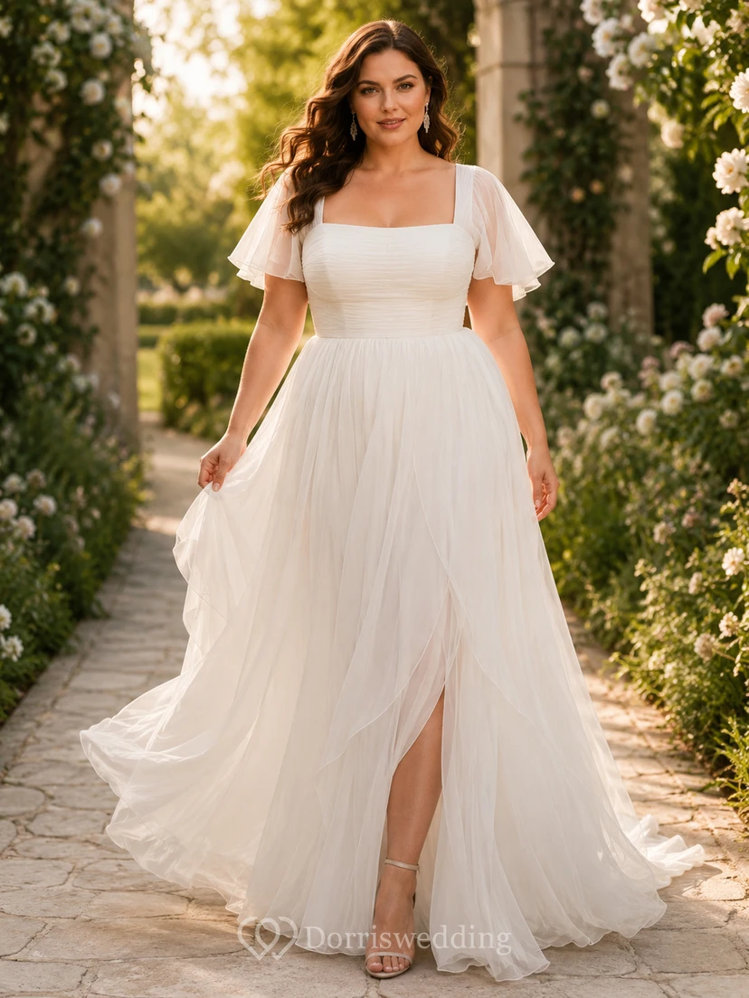 Robe de mariée romantique grande taille en mousseline de soie, coupe trapèze, col carré, manches courtes papillon, longueur au sol, col rond, manches courtes papillon